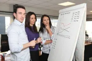 Sales team standing at a flipchart