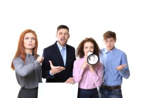 Group of protesting young people in office clothes on white background message communication