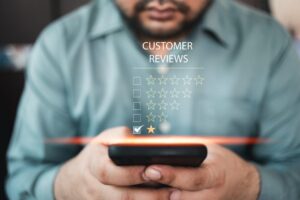 Customer dissatisfaction concept. Customer using smartphone expr improve customer experience
