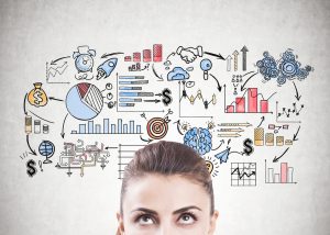 Pensive woman s head, business plan