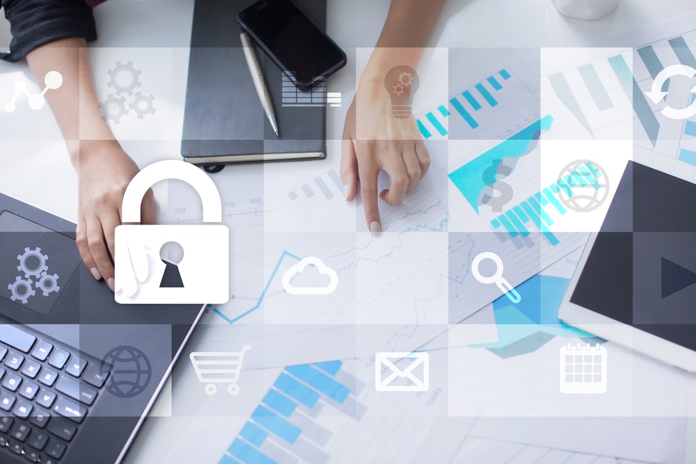 Data protection and cyber security concept on the virtual screen. regulated industry compliance software